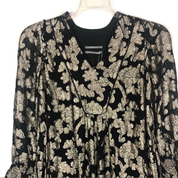 Anthropologie Black Metallic Dress Gold Foil Embroidery and Long Sleeves XS NWT - Picture 4 of 7